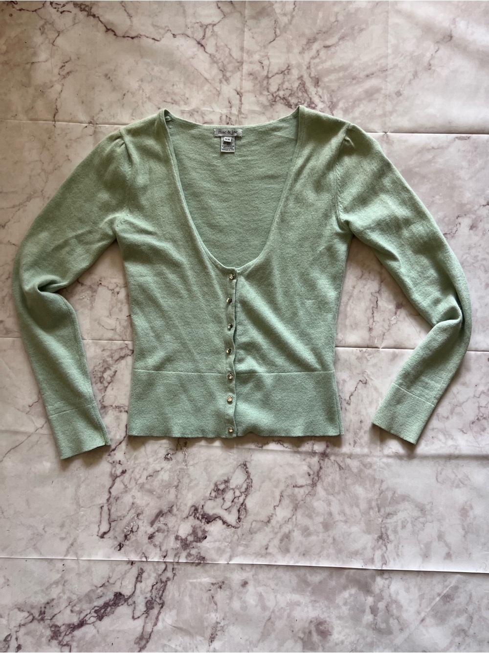 Vintage Mac & Jac 85% Angora Sage Green Cardigan Rhinestone Buttons M Y2K